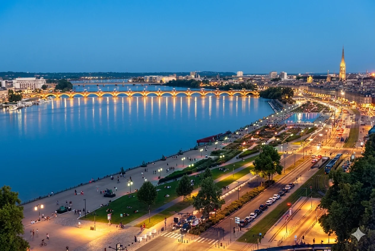 Bordeaux, Pont de Pierre et la Garonne à l'heure bleue